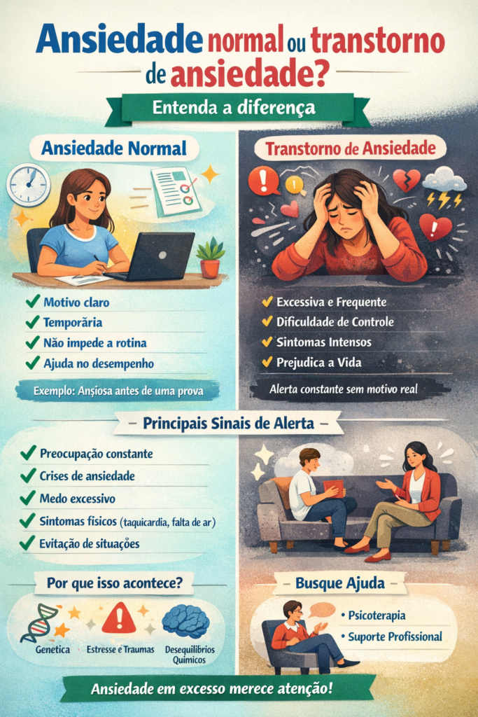 Infográfico comparando ansiedade normal e transtorno de ansiedade, mostrando sintomas, diferenças, sinais de alerta e orientações para buscar ajuda profissional.