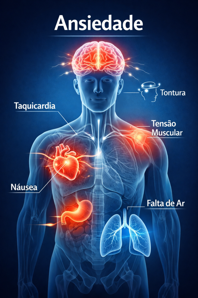 Ilustração médica mostrando os efeitos físicos da ansiedade no corpo humano, incluindo coração acelerado, tensão muscular, falta de ar e ativação cerebral