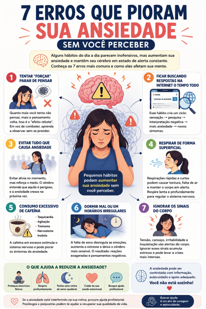 7 erros que pioram sua ansiedade sem você perceber Infográfico sobre sete hábitos que podem piorar a ansiedade, incluindo excesso de pensamentos, busca constante de sintomas na internet, evitação, má respiração, cafeína excessiva, sono irregular e ignorar sinais do corpo.