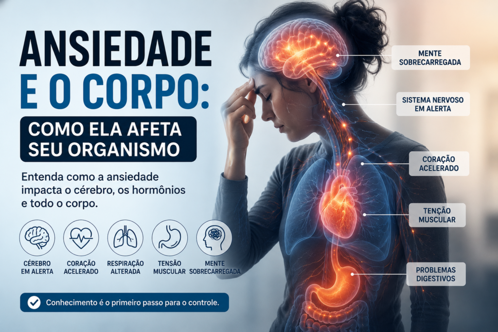 Ansiedade e o Corpo: Como a Ansiedade Afeta o Organismo Ilustração mostrando como a ansiedade afeta o cérebro, coração, músculos e sistema nervoso humano.