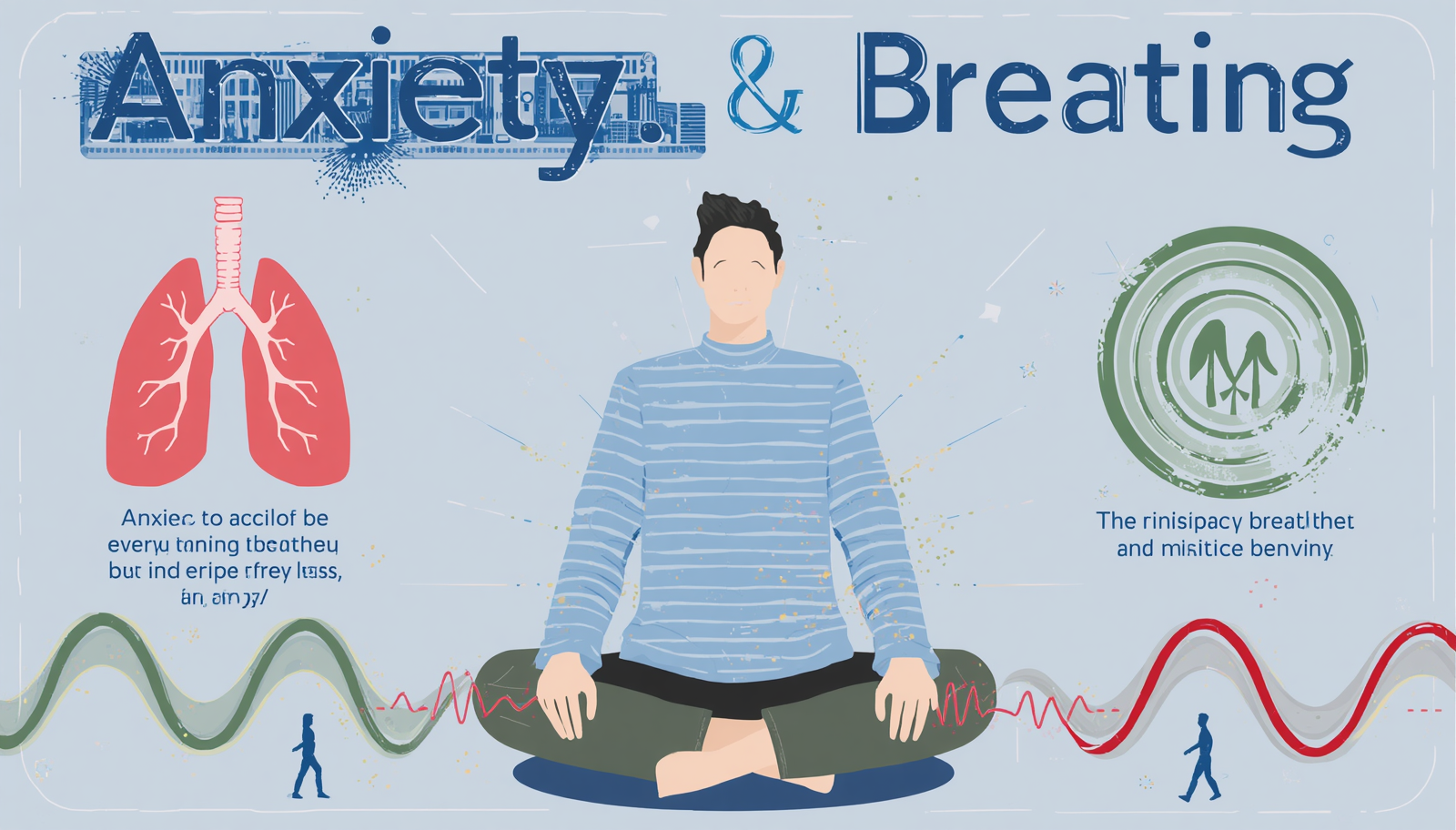 Ilustração médica mostrando respiração acelerada durante ansiedade, com redução de CO2 e sintomas como tontura, formigamento e falta de ar