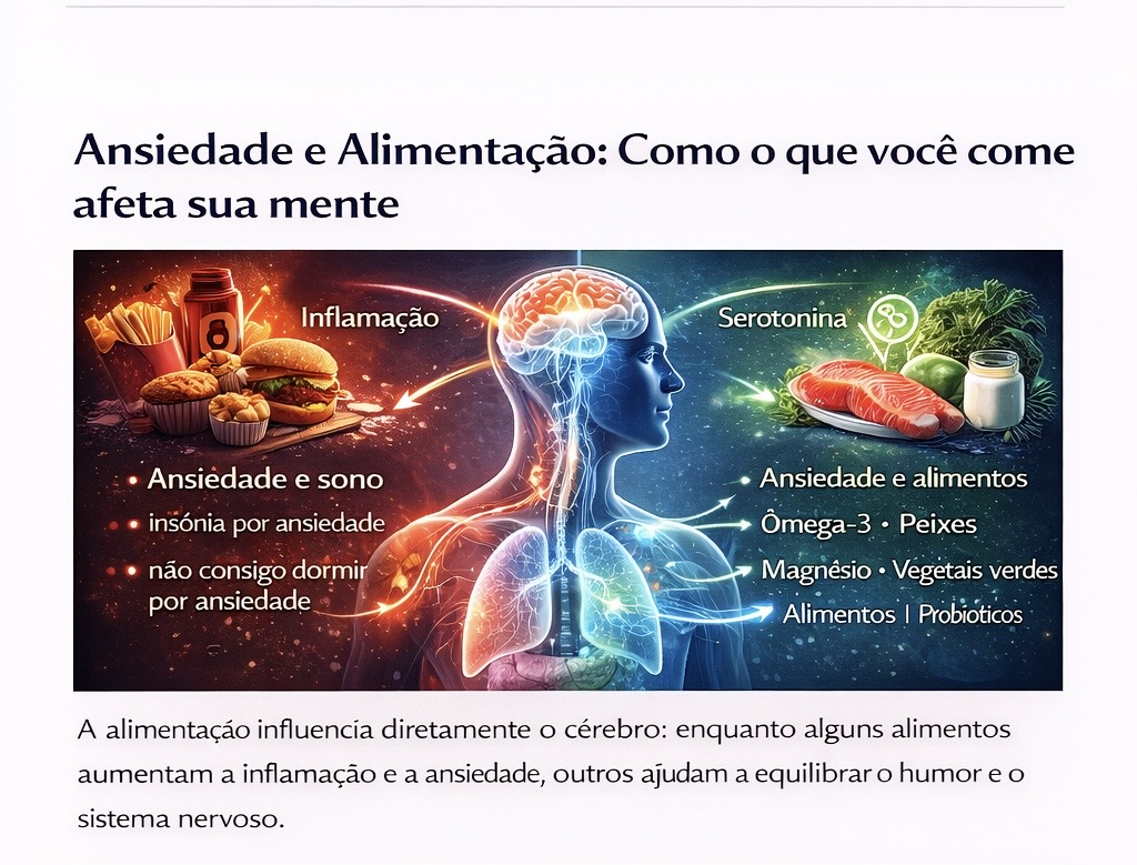 Ilustração mostrando a relação entre alimentação e ansiedade, com alimentos ultraprocessados aumentando inflamação e alimentos saudáveis melhorando a função cerebral e a serotonina