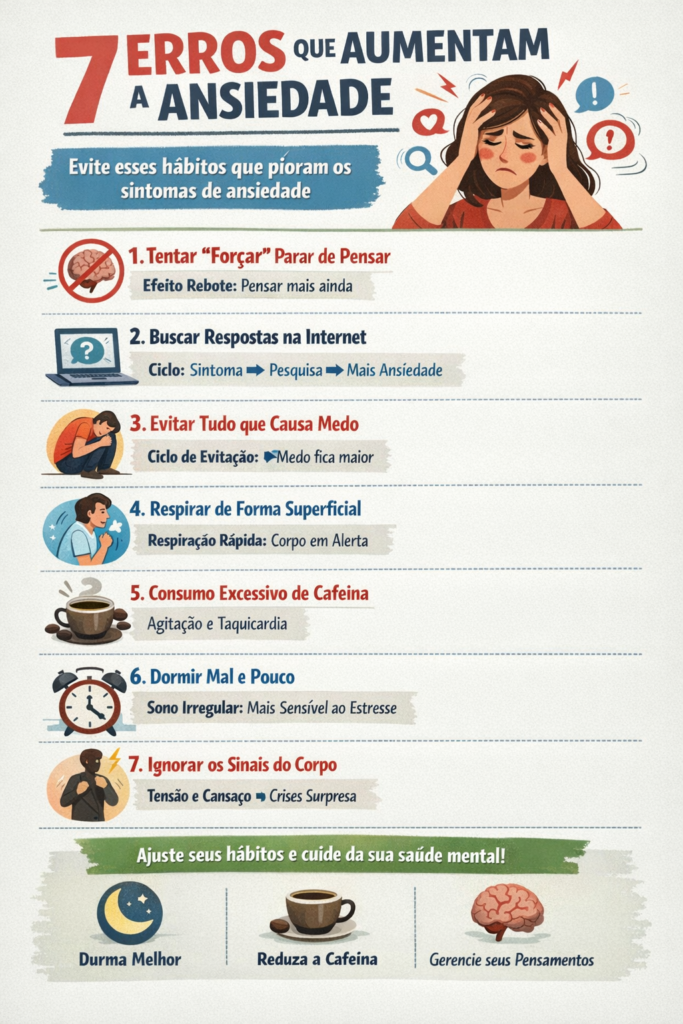 Infográfico em português intitulado “7 erros que aumentam a ansiedade”, com lista de hábitos como tentar parar pensamentos à força, buscar respostas na internet, evitar situações, respiração superficial, consumo de cafeína, dormir mal e ignorar sinais do corpo, além de dicas para melhorar a saúde mental.