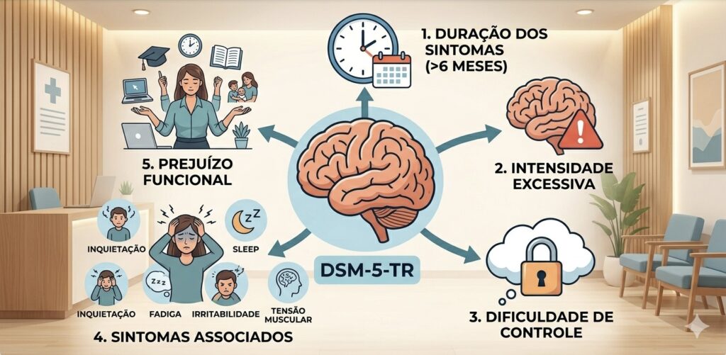 critérios clínicos ansiedade DSM 5 sintomas duração intensidade prejuízo funcional diagnóstico ansiedade