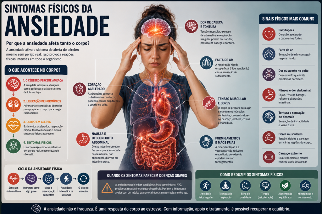 Infográfico educativo mostrando os sintomas físicos da ansiedade no cérebro e no corpo, incluindo taquicardia, falta de ar, tensão muscular, dores, tontura e alterações digestivas.