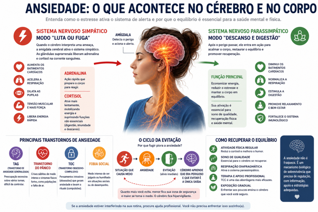 Como a ansiedade afeta o cérebro e o corpo: explicação neurocientífica Infográfico explicando como a ansiedade ativa o sistema nervoso simpático e afeta o cérebro, o corpo, a adrenalina, o cortisol e os transtornos de ansiedade.