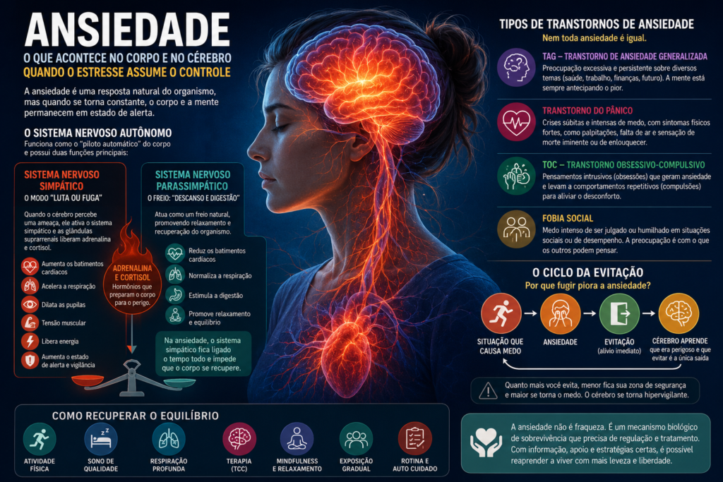 Ilustração neurocientífica mostrando o funcionamento da ansiedade no cérebro e no corpo, incluindo sistema nervoso simpático, cortisol, adrenalina e transtornos de ansiedade.