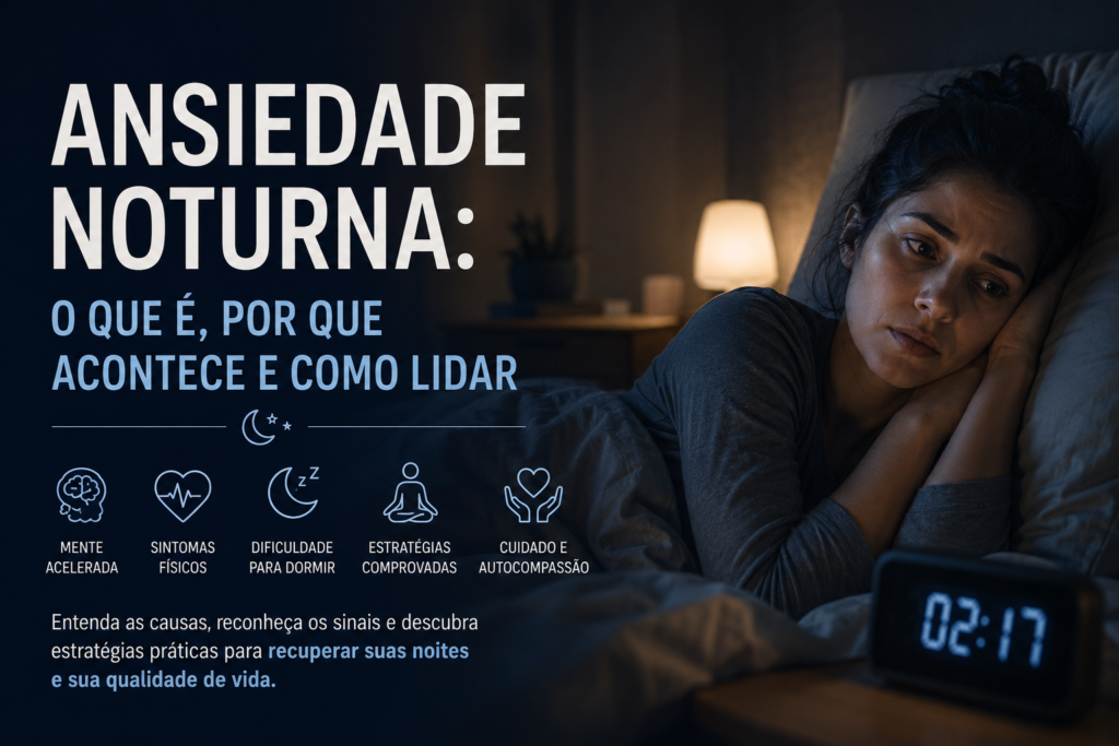 Pessoa deitada na cama durante a noite com expressão de preocupação e dificuldade para dormir, ilustrando os sintomas da ansiedade noturna, como pensamentos acelerados e insônia.