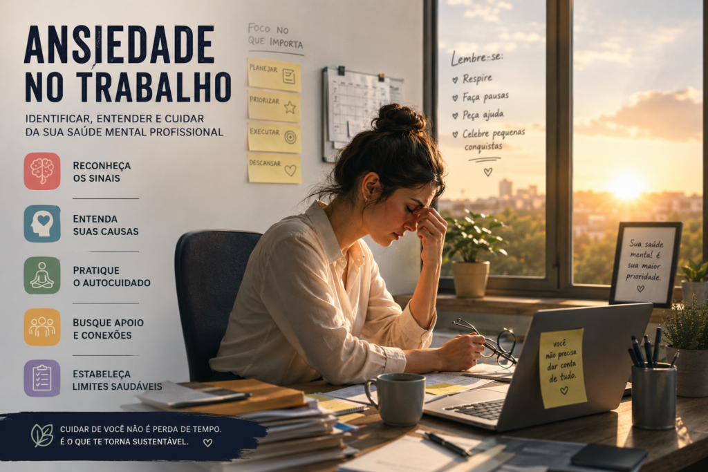 Pessoa sentada no escritório demonstrando sinais de ansiedade e estresse no trabalho, representando os desafios da saúde mental no ambiente profissional.