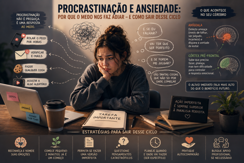 Pessoa ansiosa diante de uma tarefa importante, representando o ciclo entre procrastinação, medo e ansiedade e estratégias para começar a agir.