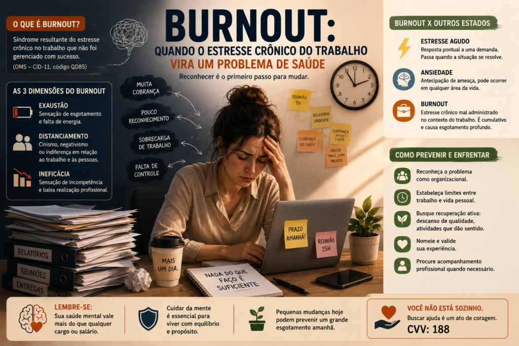 Profissional exausto no trabalho cercado por excesso de tarefas, representando os sinais e impactos do burnout causado pelo estresse ocupacional crônico.
