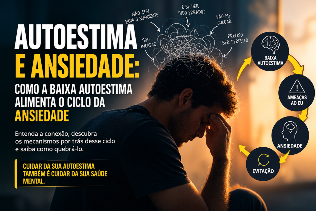Ilustração sobre autoestima e ansiedade mostrando uma pessoa angustiada e o ciclo entre baixa autoestima, ameaças ao eu, ansiedade e evitação.