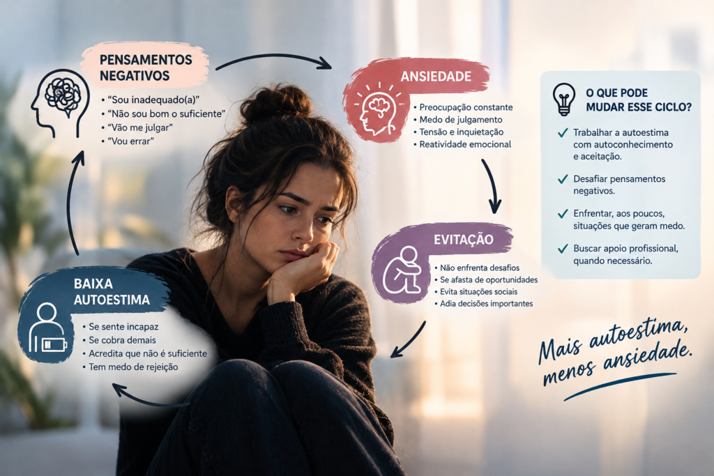 Infográfico mostrando o ciclo entre baixa autoestima, pensamentos negativos, ansiedade e evitação, com estratégias para melhorar a saúde mental.